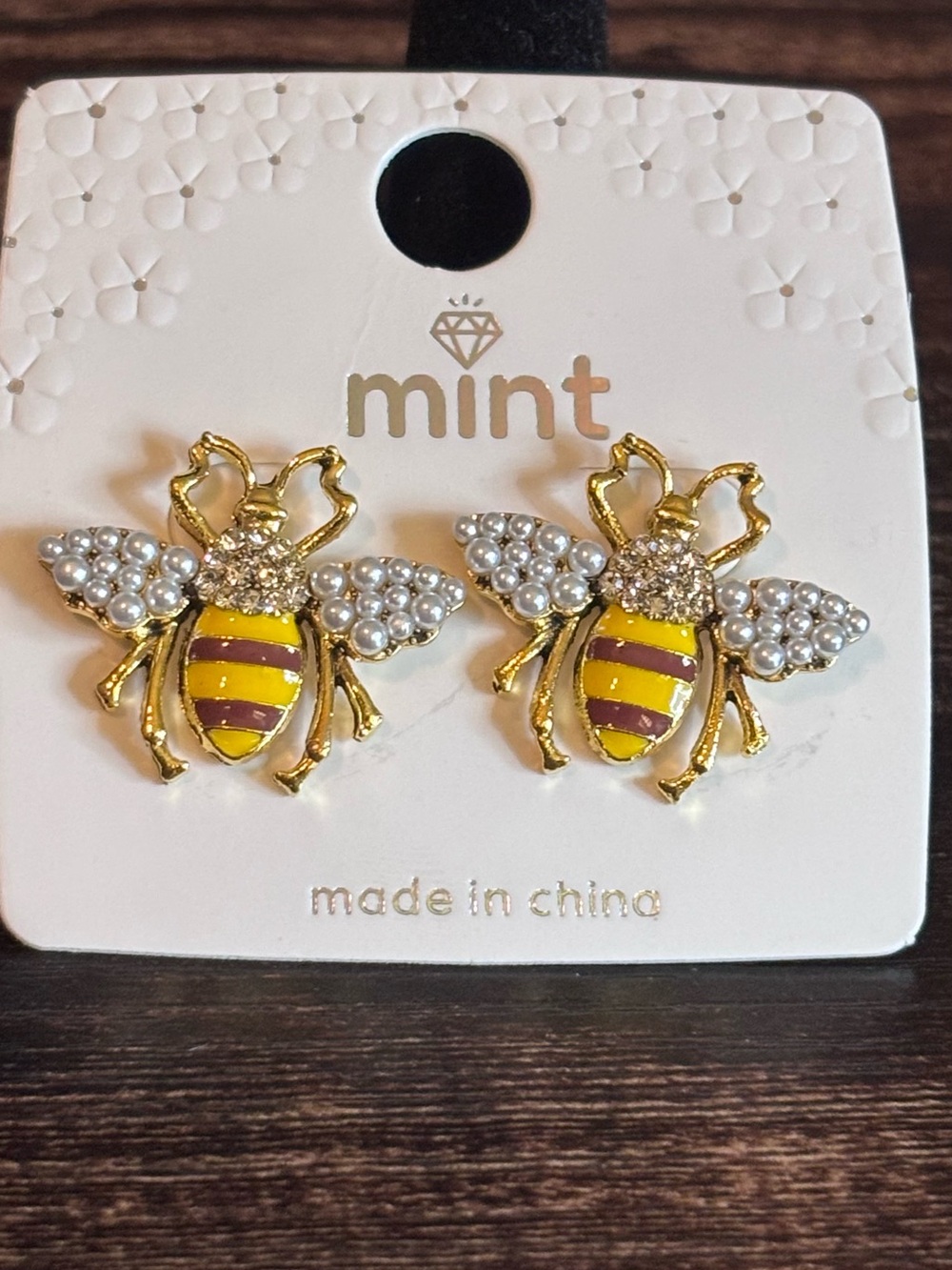 Gold Tone Bee Earrings with Yellow and Pearl Accents